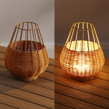 Elian 10" Modern Rustic Decorative Indoor/Outdoor Faux Wicker Rechargeable/Cordless Dimmable Integrated LED Table Lamp, Set of 2